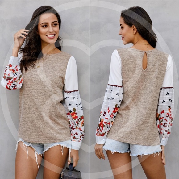 Tops - boho chic floral print sleeve Blouse - KHAKI